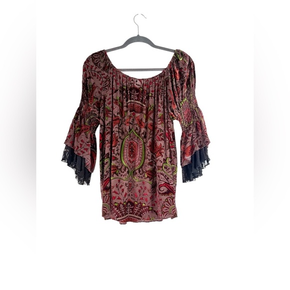 Marrika Nakk Velvet Details Lace Trim Bell Sleeves Peasant Boho Top One Size - Picture 2 of 6